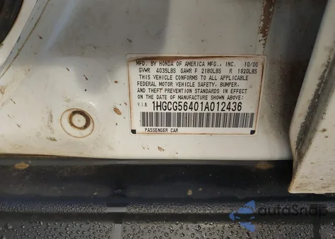 2001 Honda Accord 2.3 Lx from USA, damaged, VIN 1HGCG56401A012436